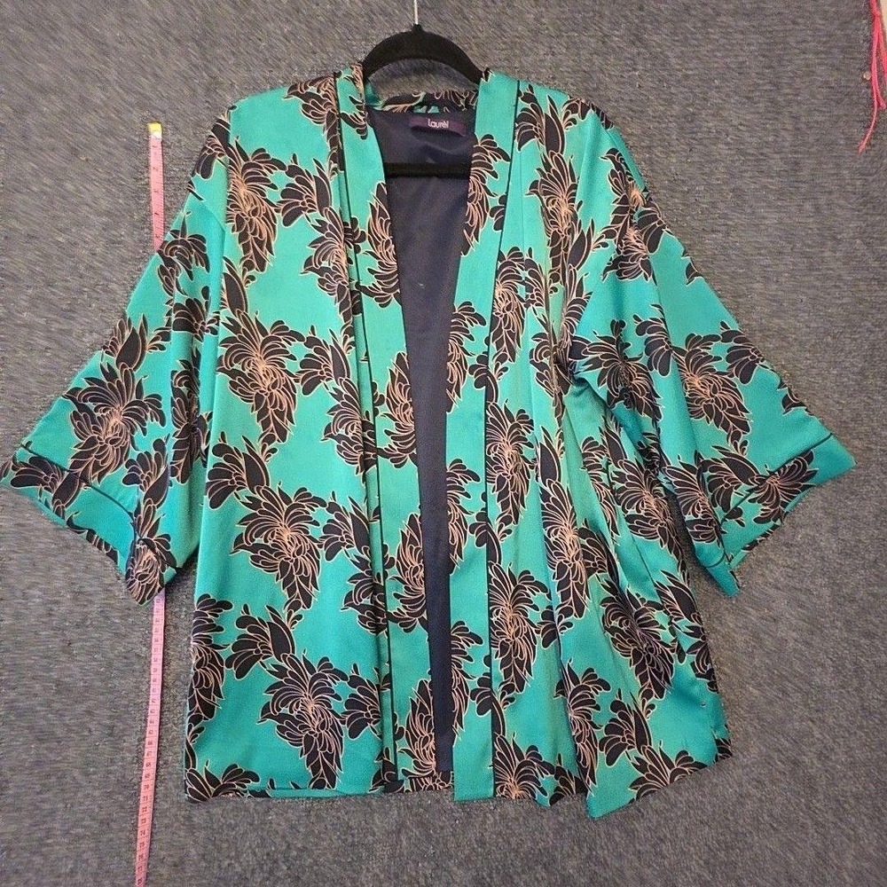 Laurèl Kimono Jacket Womens 8 Green Floral Satin Open Front Lined 3/4 Sleeve